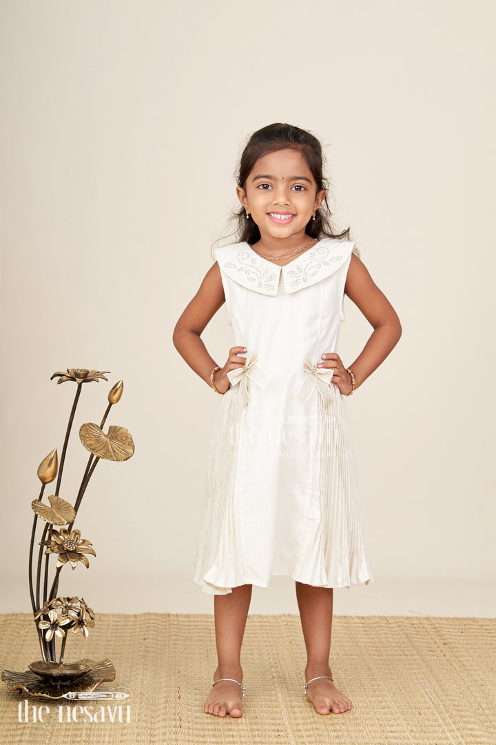 Bacchon Ki Dress Cream Girls Fancy Frock in Cotton Satin with Pleated Panels and Glitter Bow Accents