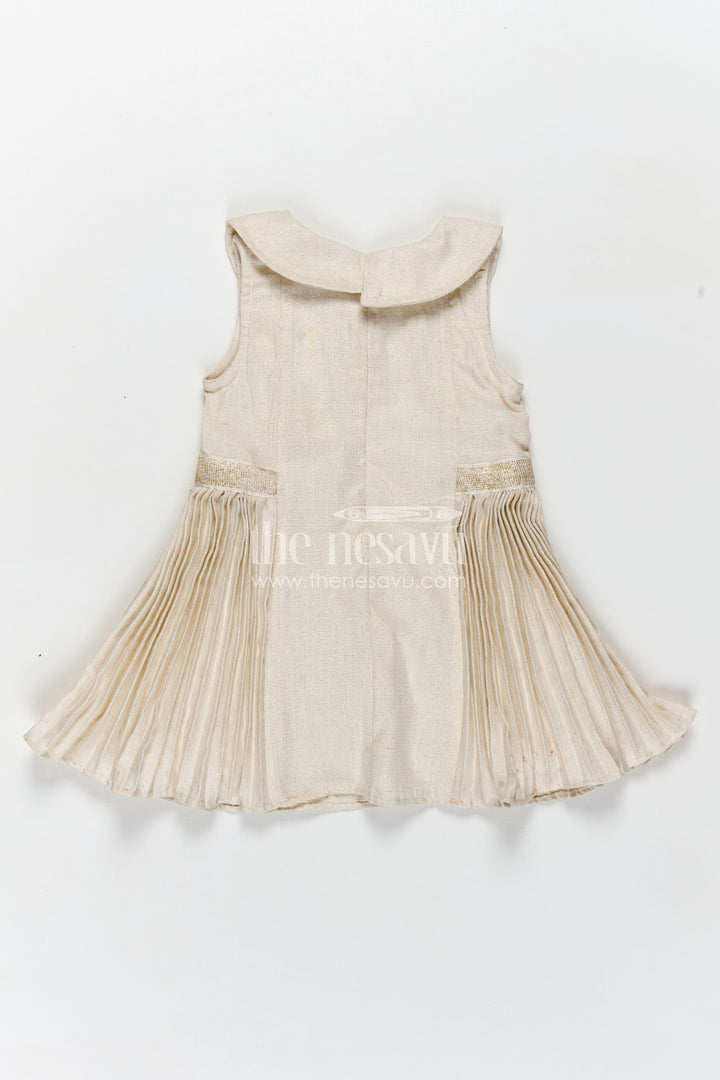 Bacchon Ki Dress Cream Girls Fancy Frock in Cotton Satin with Pleated Panels and Glitter Bow Accents