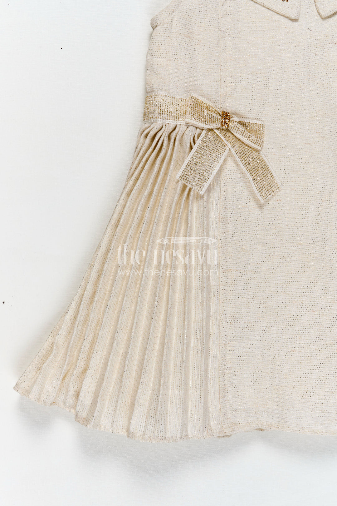 Bacchon Ki Dress Cream Girls Fancy Frock in Cotton Satin with Pleated Panels and Glitter Bow Accents