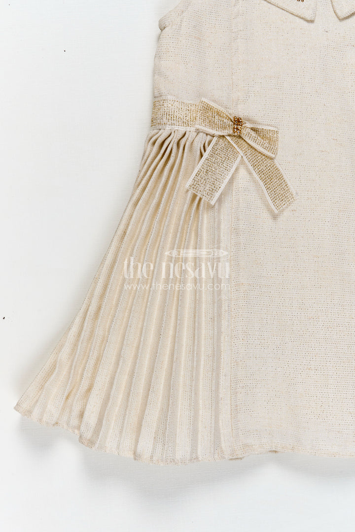 Bacchon Ki Dress Cream Girls Fancy Frock in Cotton Satin with Pleated Panels and Glitter Bow Accents