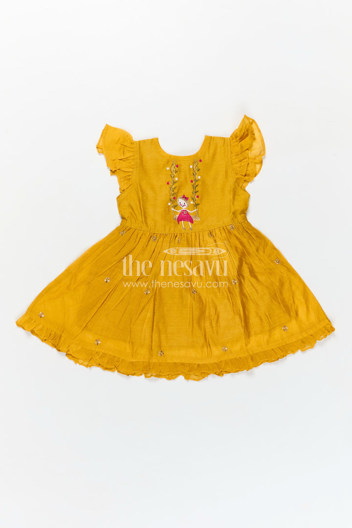 Girls Chanderi Cotton Simple Frock Design with Swing Embroidery and Frill Sleeves in Honey Yellow