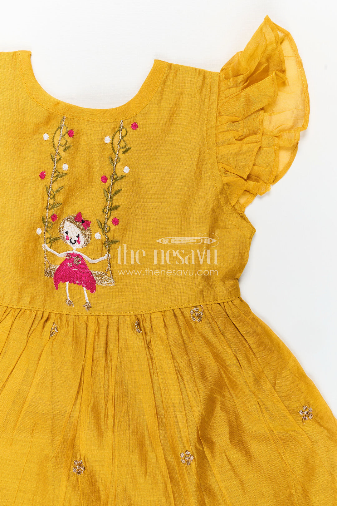 Girls Chanderi Cotton Simple Frock Design with Swing Embroidery and Frill Sleeves in Honey Yellow