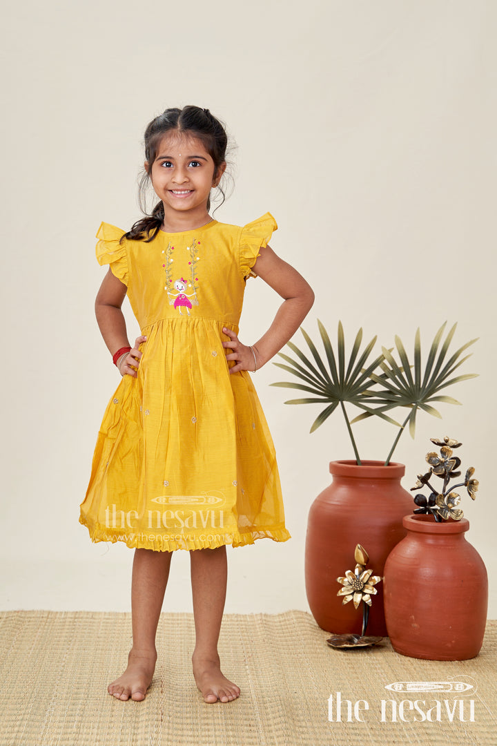 Girls Chanderi Cotton Simple Frock Design with Swing Embroidery and Frill Sleeves in Honey Yellow