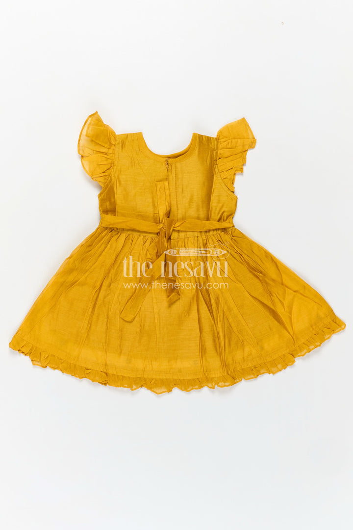 Girls Chanderi Cotton Simple Frock Design with Swing Embroidery and Frill Sleeves in Honey Yellow