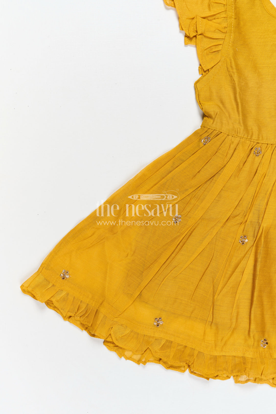 Girls Chanderi Cotton Simple Frock Design with Swing Embroidery and Frill Sleeves in Honey Yellow