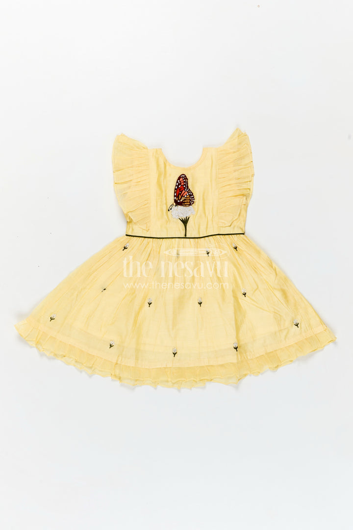 Girls Chanderi Cotton Beautiful Frock Design with Butterfly Embroidery and Ruffle Sleeves in Soft Yellow