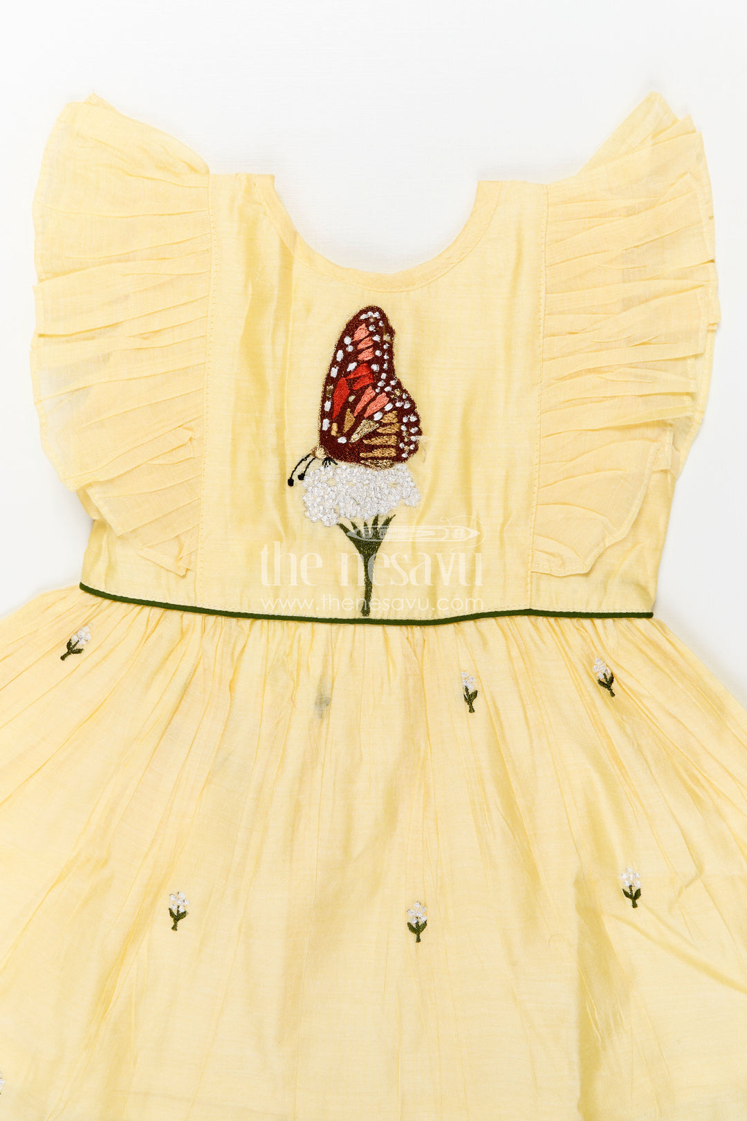 Girls Chanderi Cotton Beautiful Frock Design with Butterfly Embroidery and Ruffle Sleeves in Soft Yellow