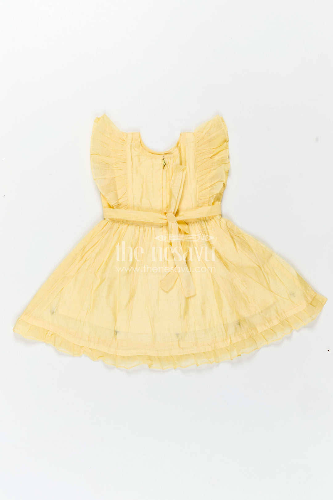 Girls Chanderi Cotton Beautiful Frock Design with Butterfly Embroidery and Ruffle Sleeves in Soft Yellow