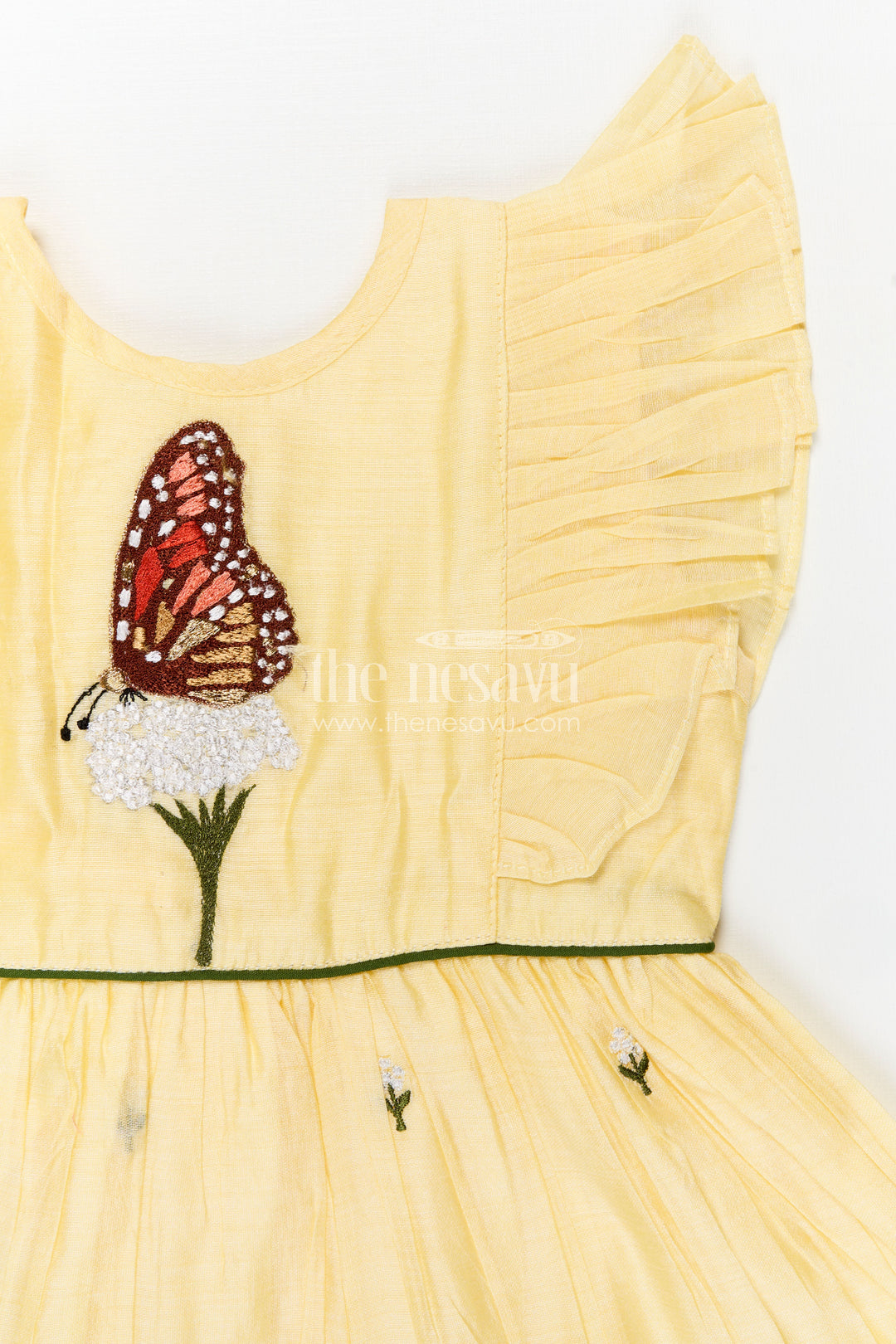 Girls Chanderi Cotton Beautiful Frock Design with Butterfly Embroidery and Ruffle Sleeves in Soft Yellow