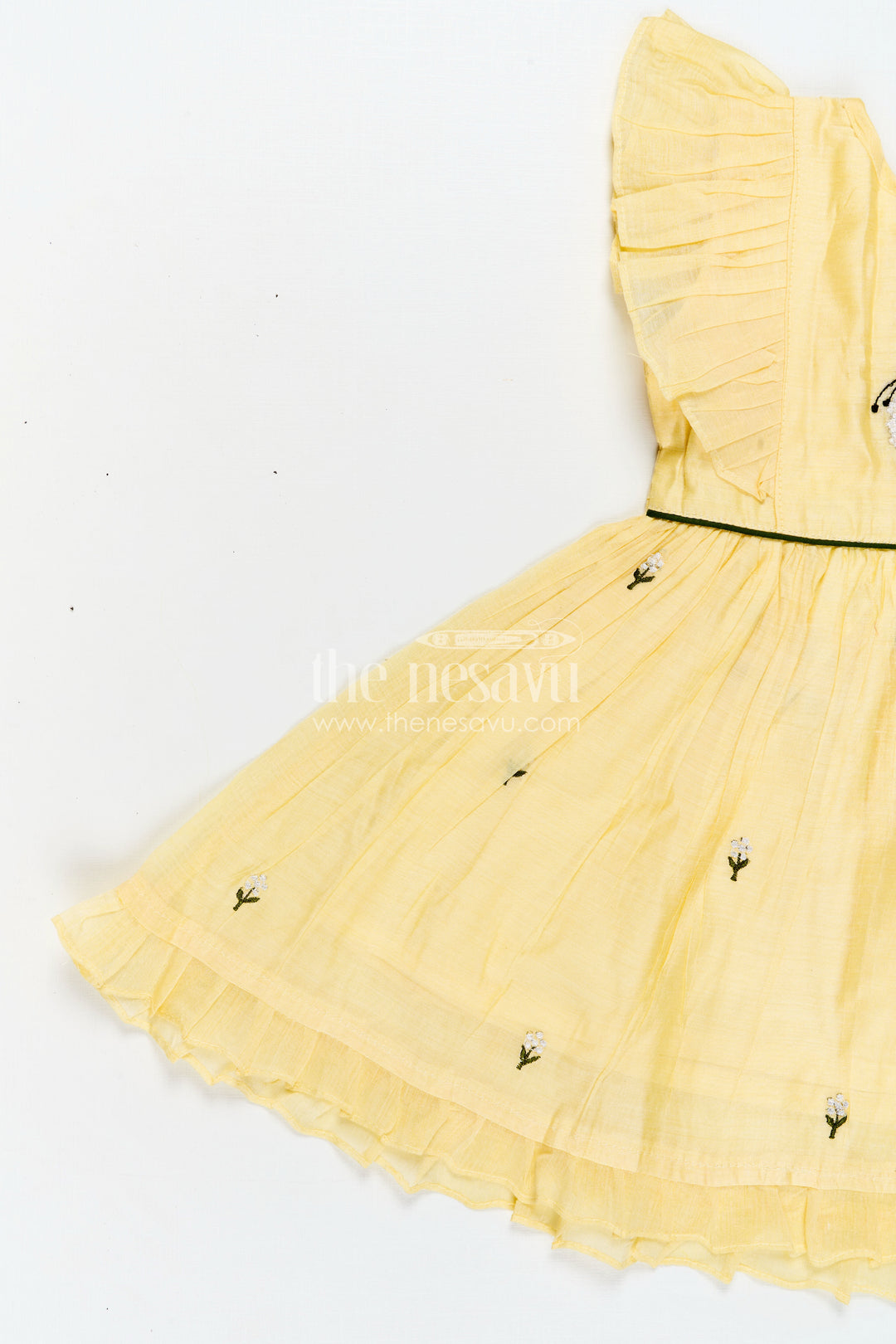 Girls Chanderi Cotton Beautiful Frock Design with Butterfly Embroidery and Ruffle Sleeves in Soft Yellow