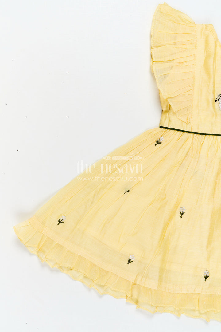 Girls Chanderi Cotton Beautiful Frock Design with Butterfly Embroidery and Ruffle Sleeves in Soft Yellow