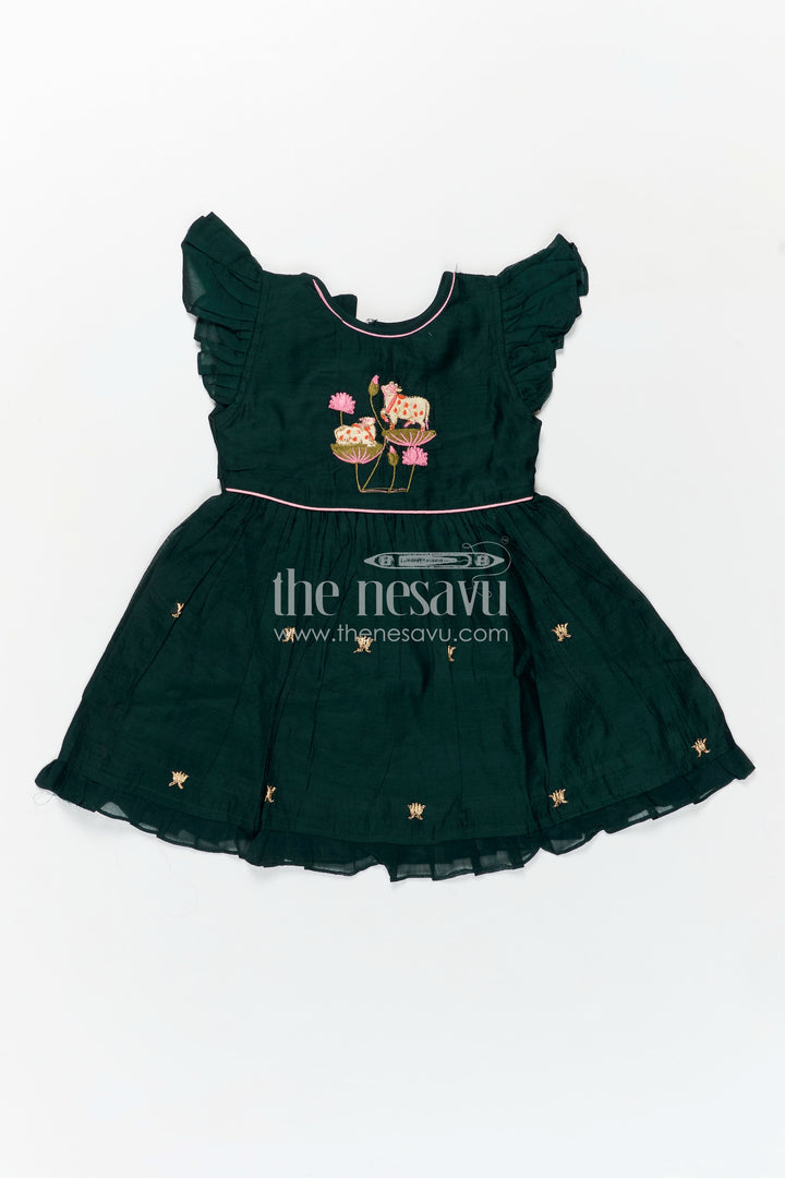 Girls Chanderi Cotton Frock Style with Elephant Lotus Embroidery and Pleated Skirt in Forest Green