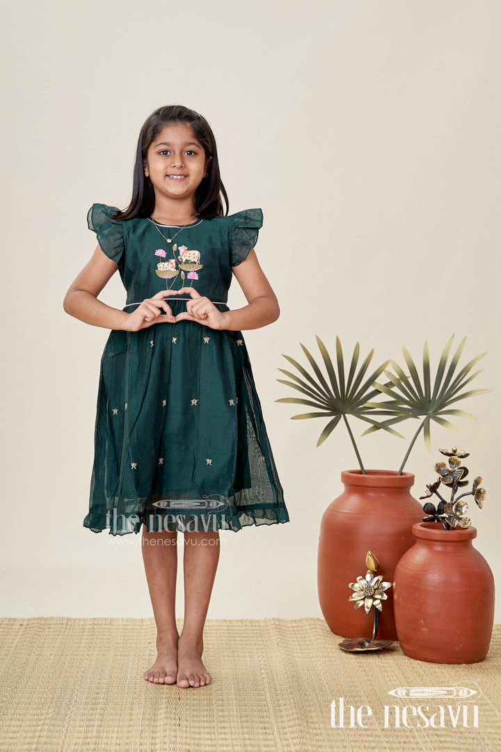 Girls Chanderi Cotton Frock Style with Elephant Lotus Embroidery and Pleated Skirt in Forest Green