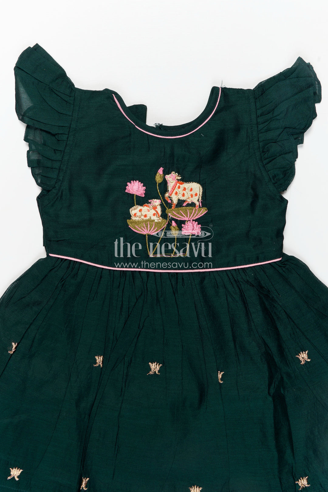 Girls Chanderi Cotton Frock Style with Elephant Lotus Embroidery and Pleated Skirt in Forest Green