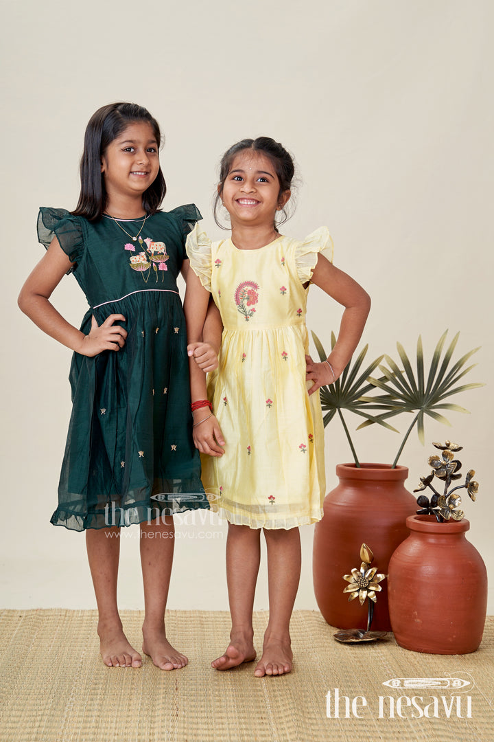 Girls Chanderi Cotton Frock Style with Elephant Lotus Embroidery and Pleated Skirt in Forest Green