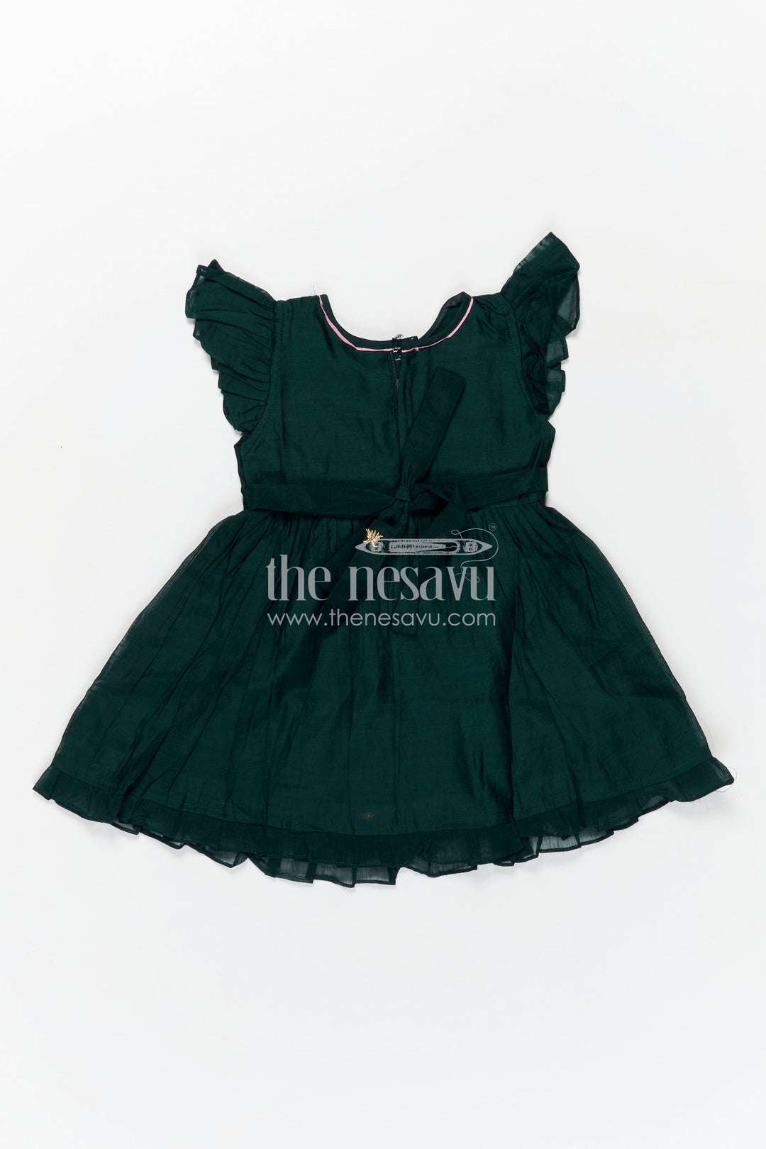 Girls Chanderi Cotton Frock Style with Elephant Lotus Embroidery and Pleated Skirt in Forest Green
