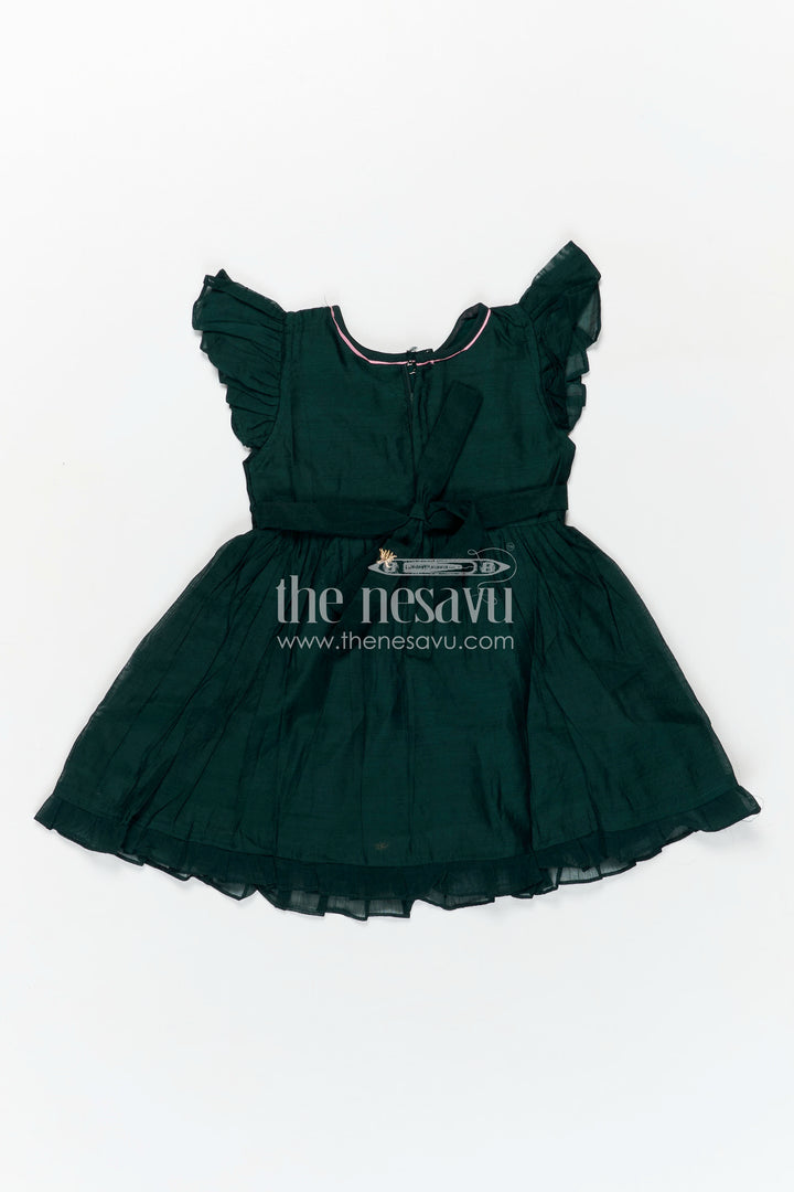 Girls Chanderi Cotton Frock Style with Elephant Lotus Embroidery and Pleated Skirt in Forest Green