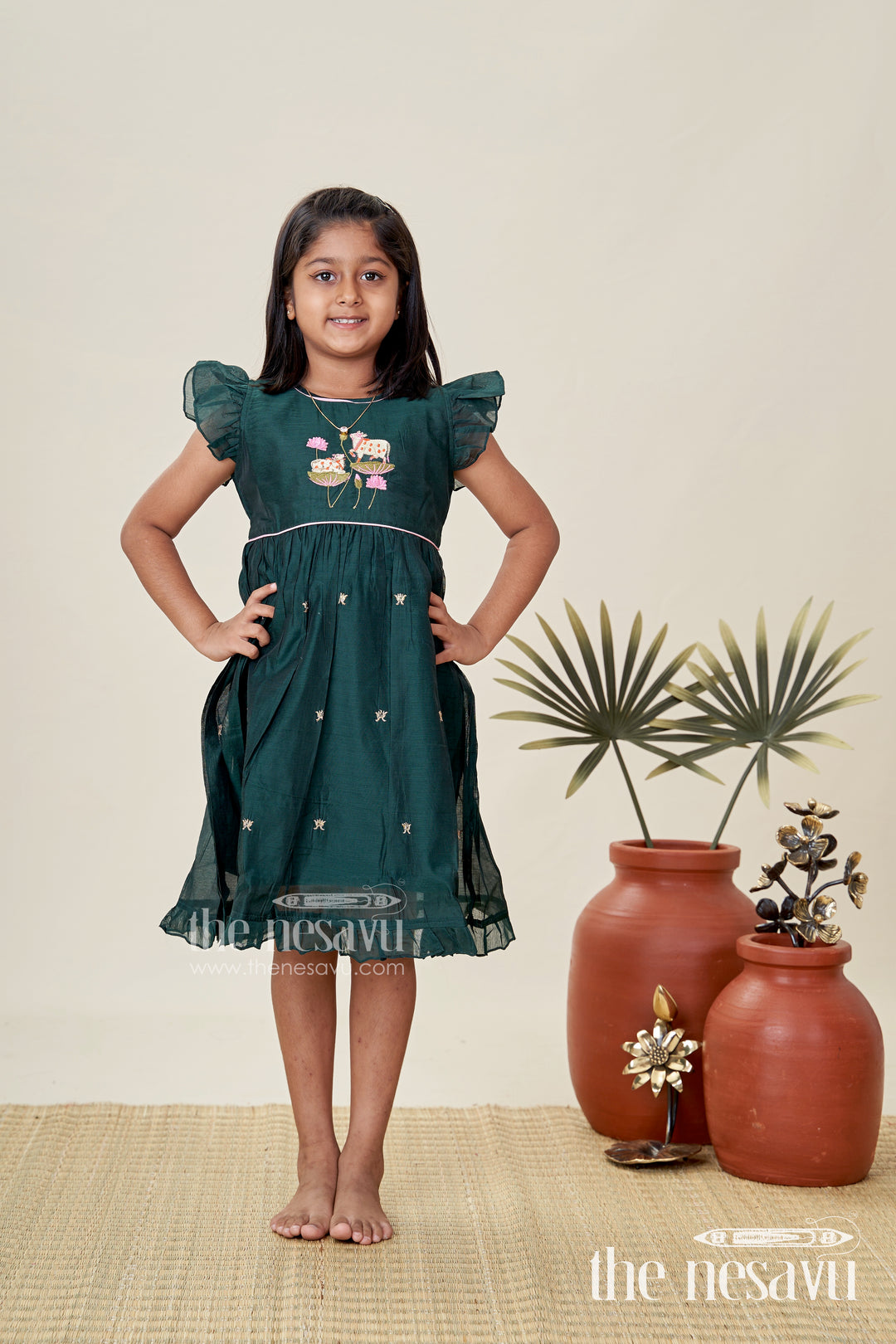 Girls Chanderi Cotton Frock Style with Elephant Lotus Embroidery and Pleated Skirt in Forest Green