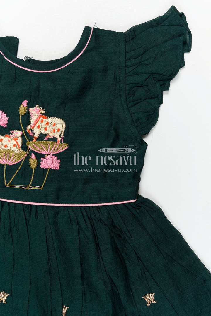 Girls Chanderi Cotton Frock Style with Elephant Lotus Embroidery and Pleated Skirt in Forest Green