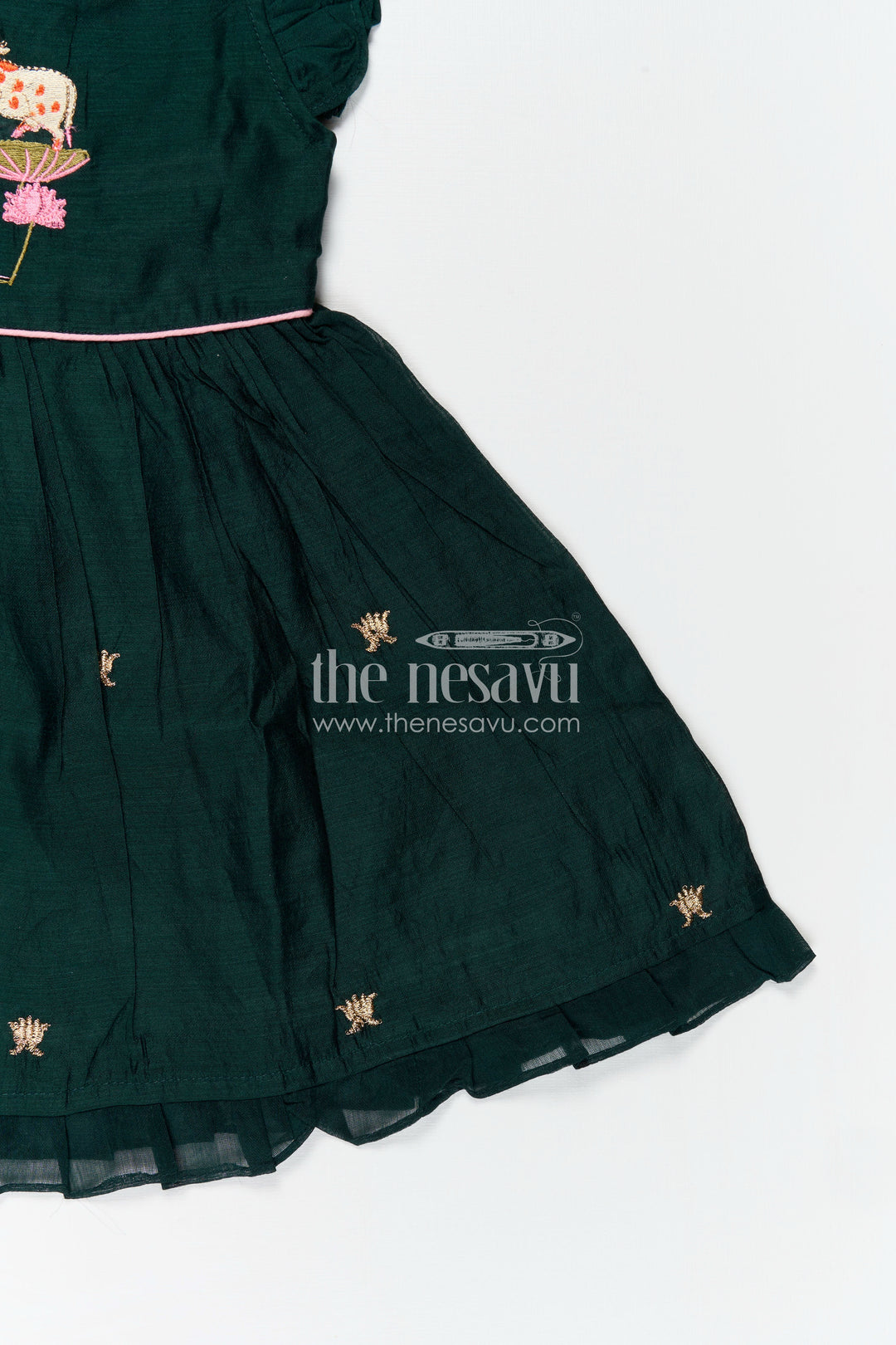 Girls Chanderi Cotton Frock Style with Elephant Lotus Embroidery and Pleated Skirt in Forest Green