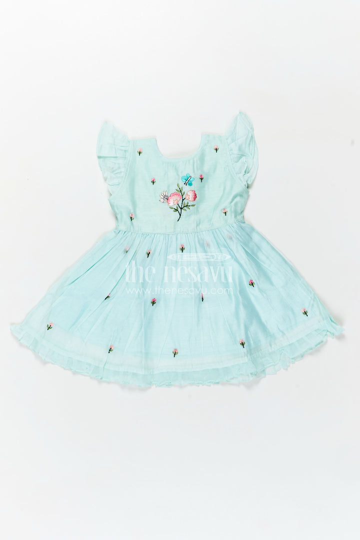 Girls Chanderi Cotton Frock Ki Design in Mint Green with Floral and Butterfly Embroidery for Everyday Elegance