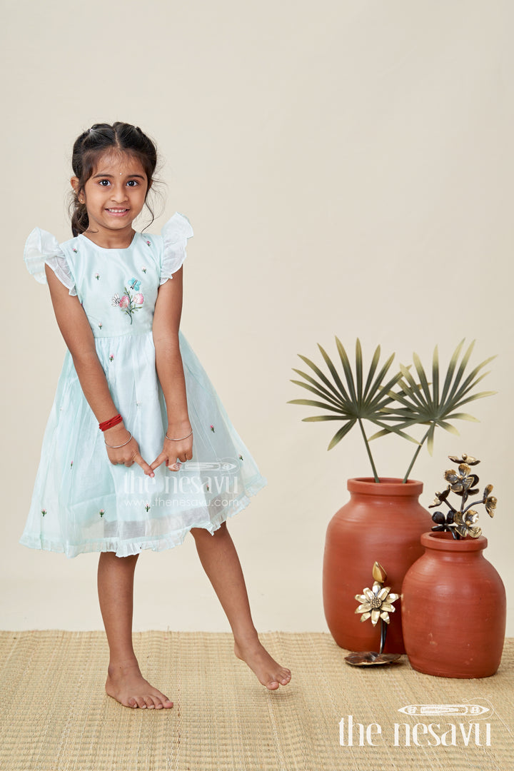 Girls Chanderi Cotton Frock Ki Design in Mint Green with Floral and Butterfly Embroidery for Everyday Elegance