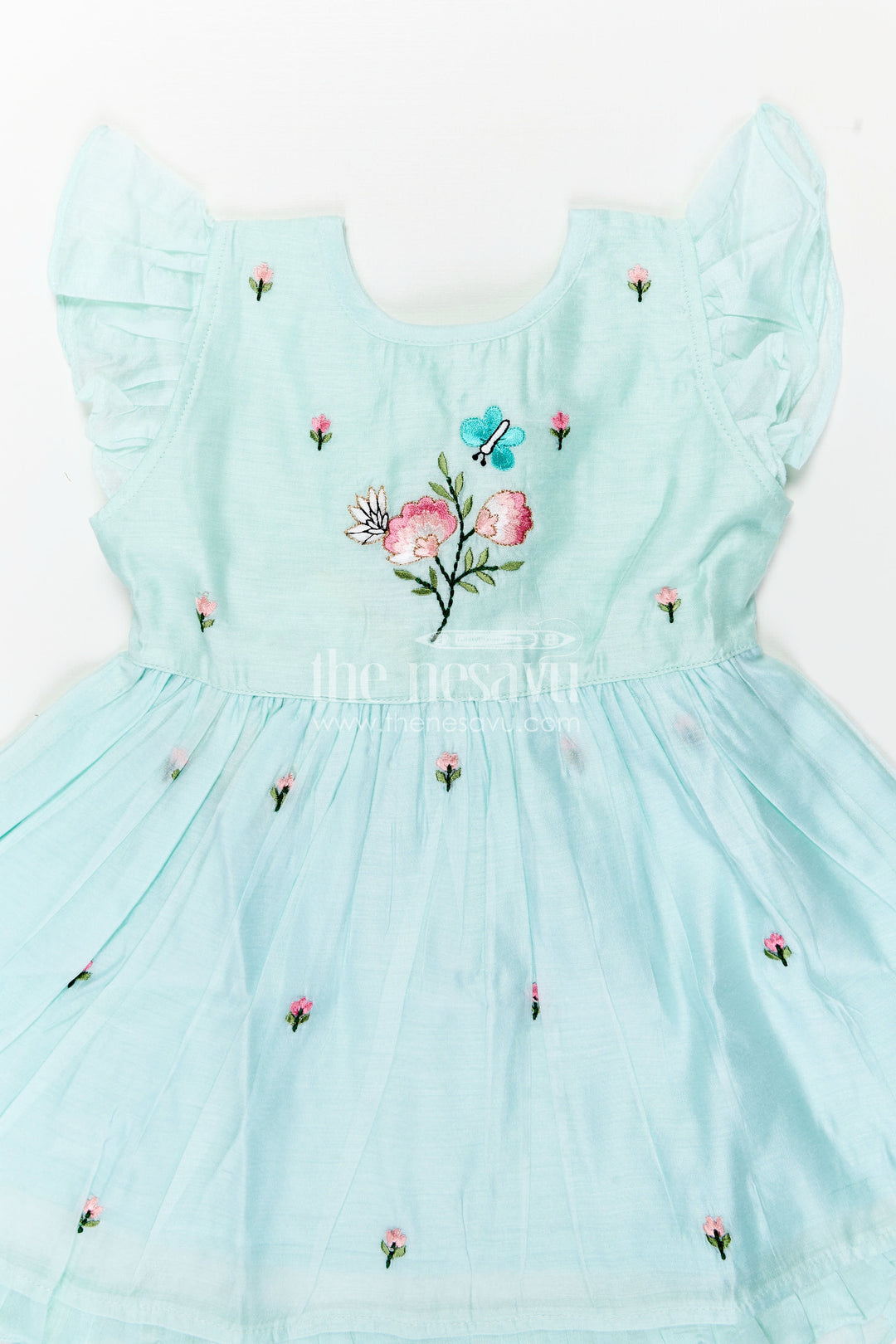 Girls Chanderi Cotton Frock Ki Design in Mint Green with Floral and Butterfly Embroidery for Everyday Elegance