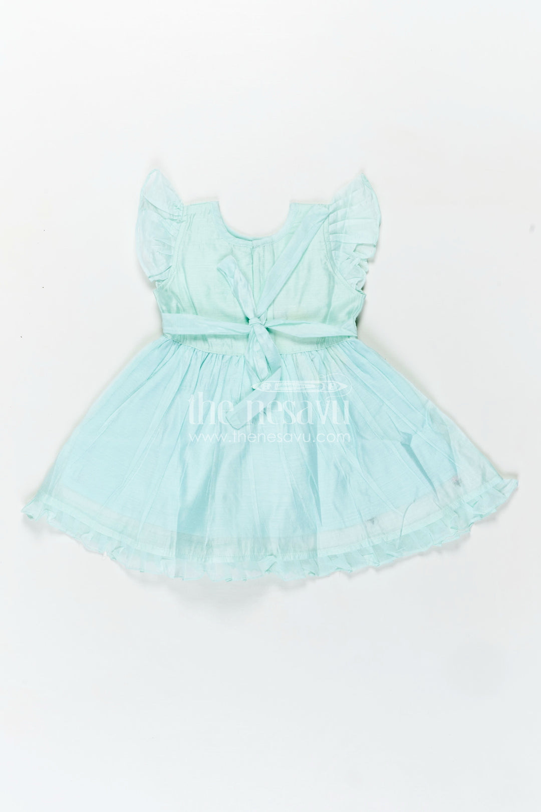 Girls Chanderi Cotton Frock Ki Design in Mint Green with Floral and Butterfly Embroidery for Everyday Elegance