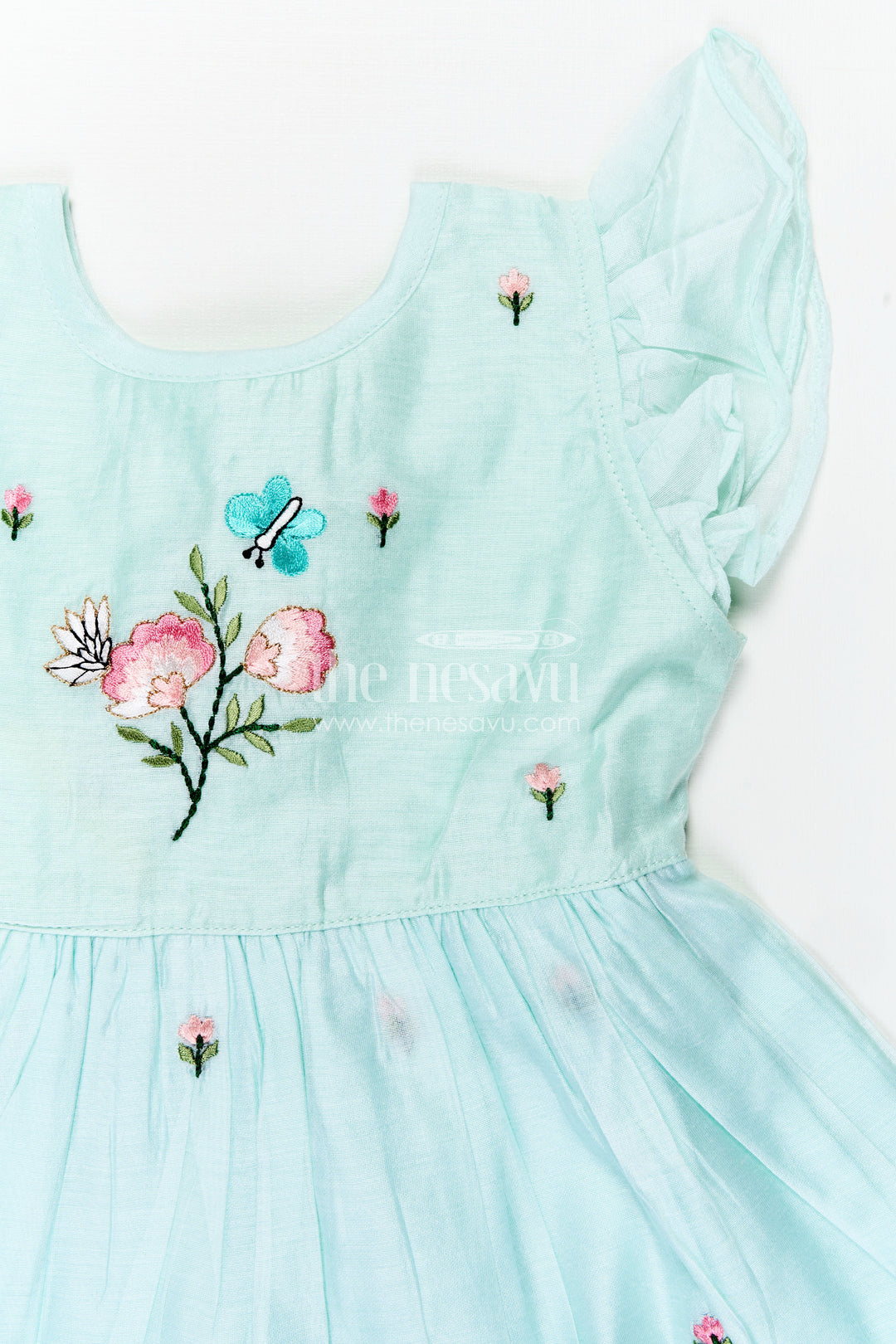 Girls Chanderi Cotton Frock Ki Design in Mint Green with Floral and Butterfly Embroidery for Everyday Elegance