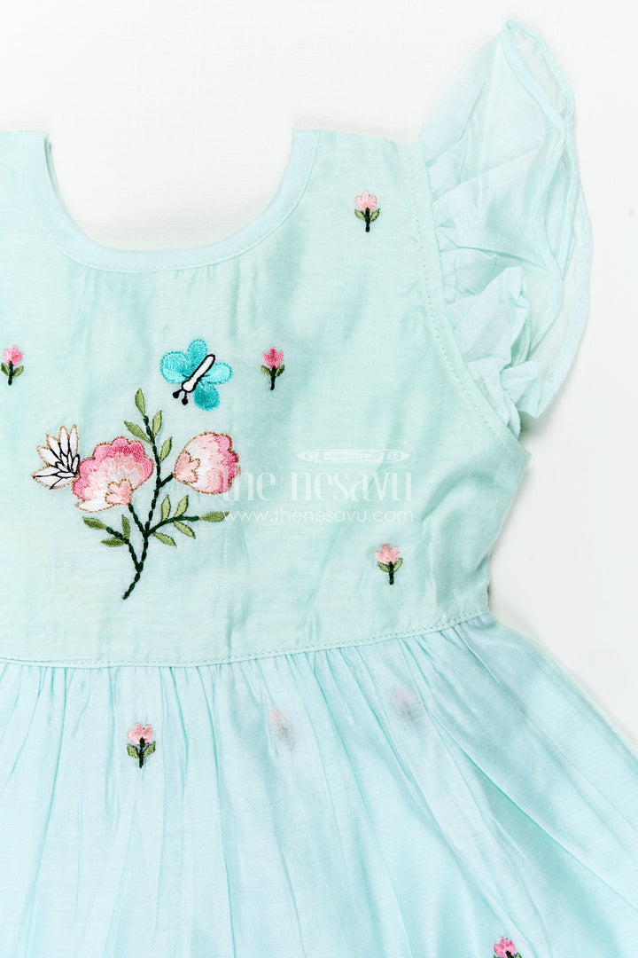 Girls Chanderi Cotton Frock Ki Design in Mint Green with Floral and Butterfly Embroidery for Everyday Elegance