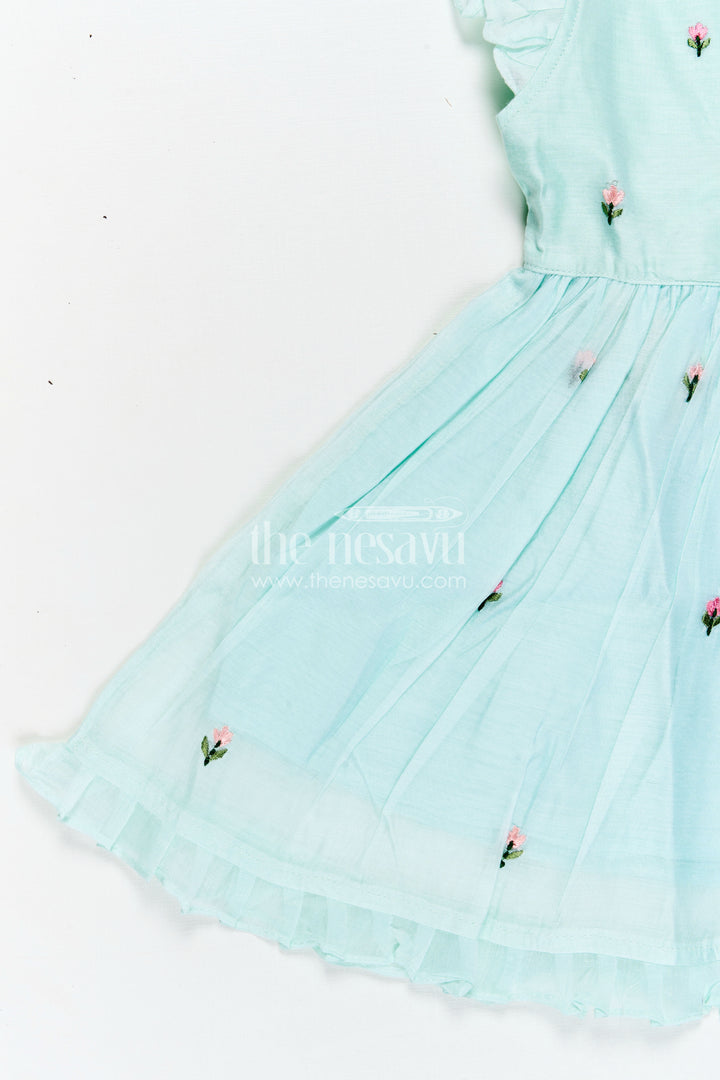 Girls Chanderi Cotton Frock Ki Design in Mint Green with Floral and Butterfly Embroidery for Everyday Elegance