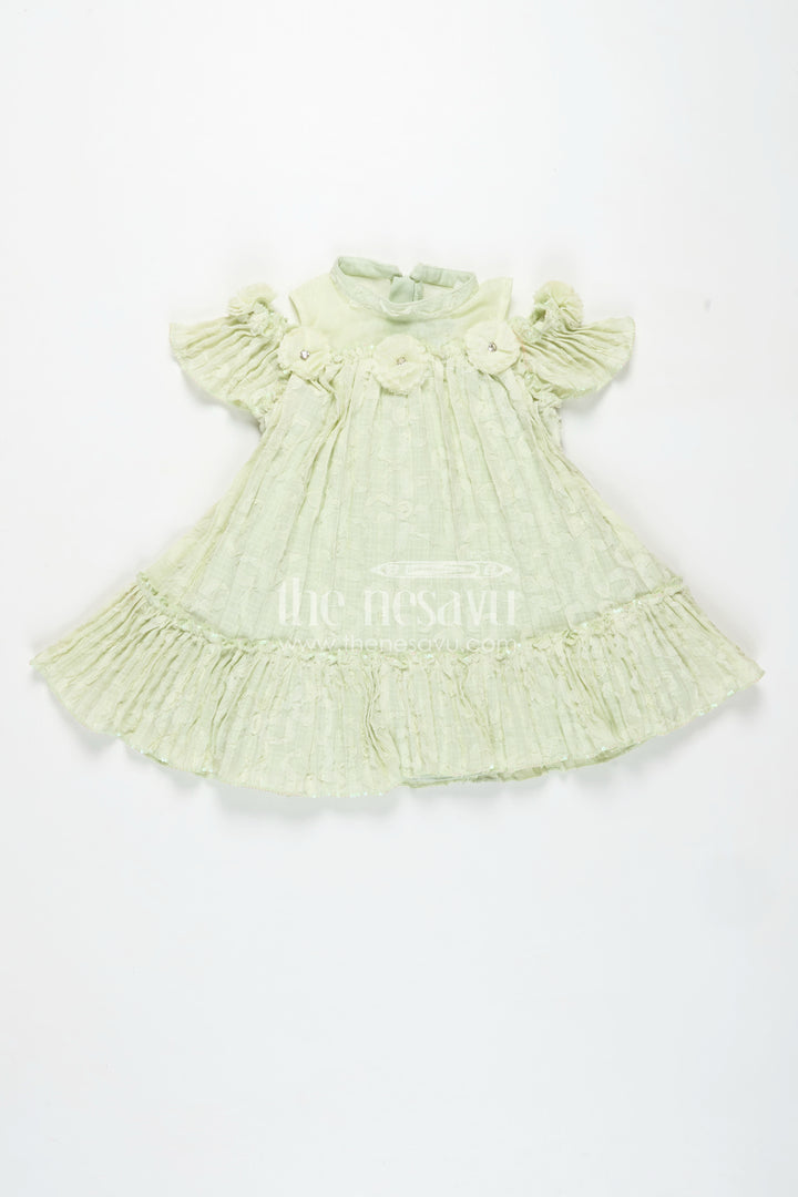 Girls Mini Organza Frock in Light Green with Crushed Texture and Floral Embellishments for Elegant Looks