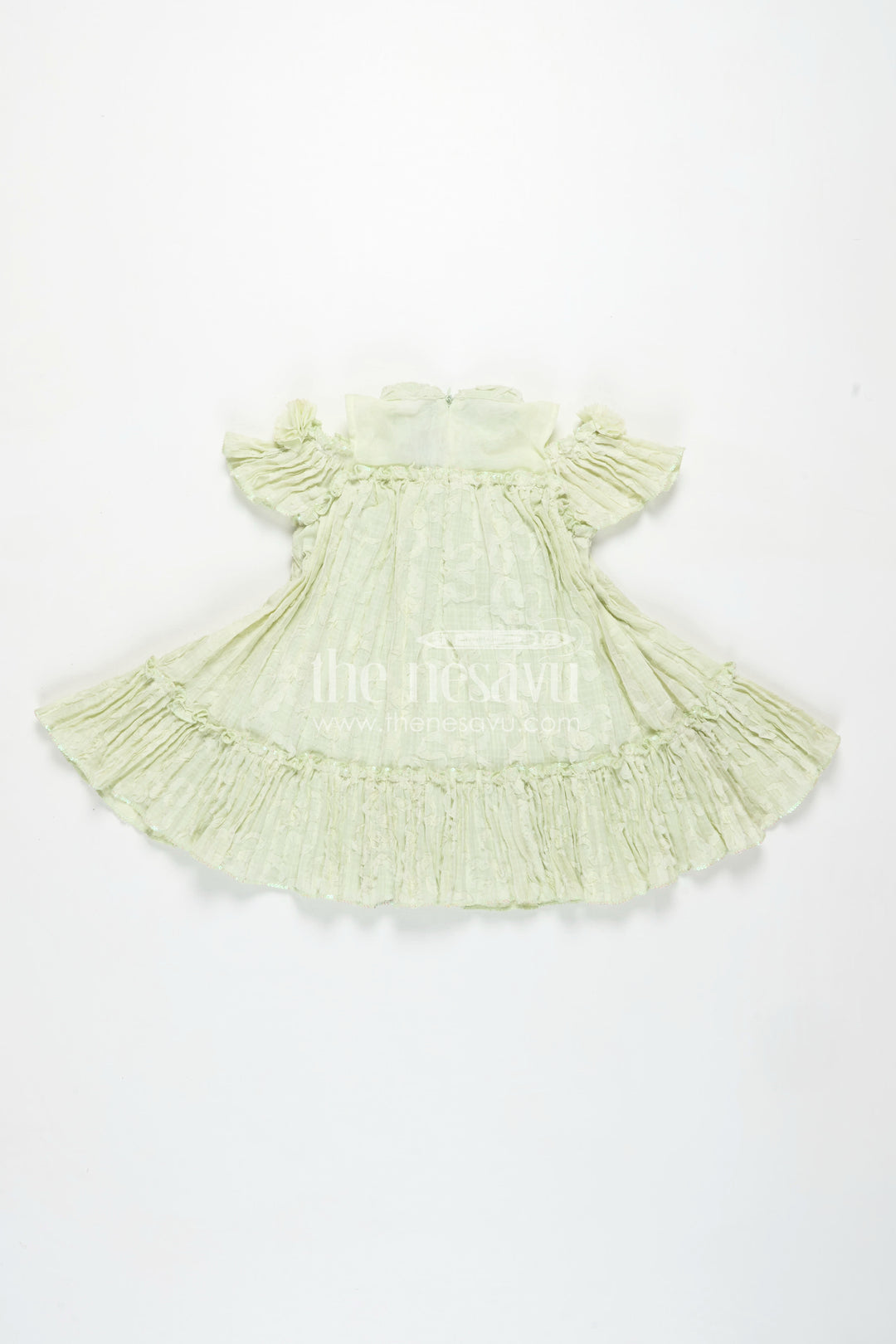 Girls Mini Organza Frock in Light Green with Crushed Texture and Floral Embellishments for Elegant Looks