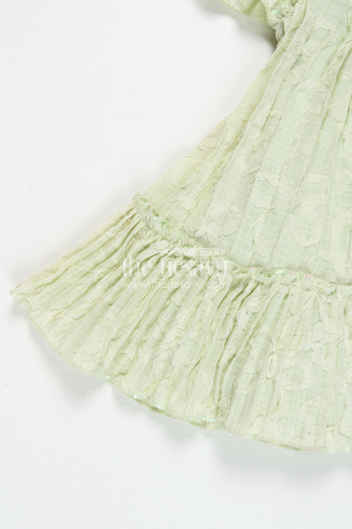 Girls Mini Organza Frock in Light Green with Crushed Texture and Floral Embellishments for Elegant Looks