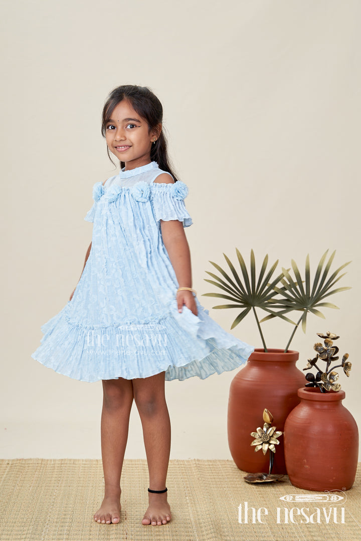 Girls Organza Frock Design 2025 in Sky Blue Crushed Fabric with Puff Sleeves and Delicate Flower Accents