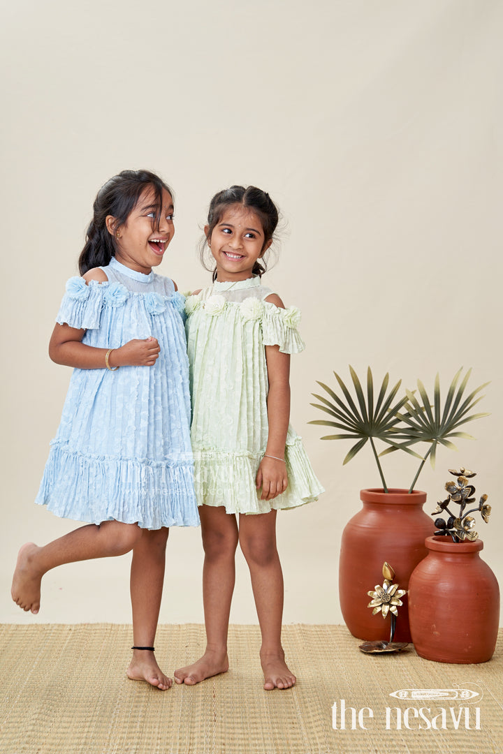 Girls Organza Frock Design 2025 in Sky Blue Crushed Fabric with Puff Sleeves and Delicate Flower Accents