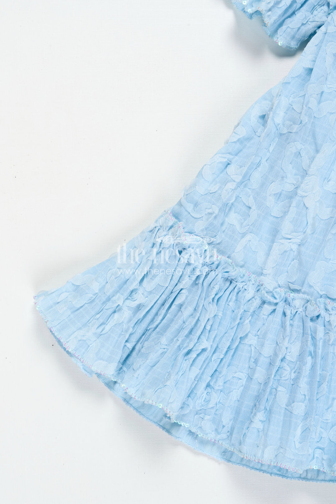 Girls Organza Frock Design 2025 in Sky Blue Crushed Fabric with Puff Sleeves and Delicate Flower Accents