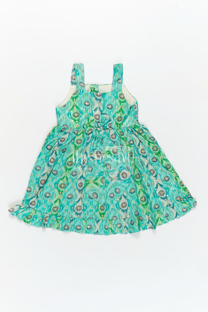 Kids Casual Printed Frock in Green Modal Silk with Ruffles and Playful Digital Pattern