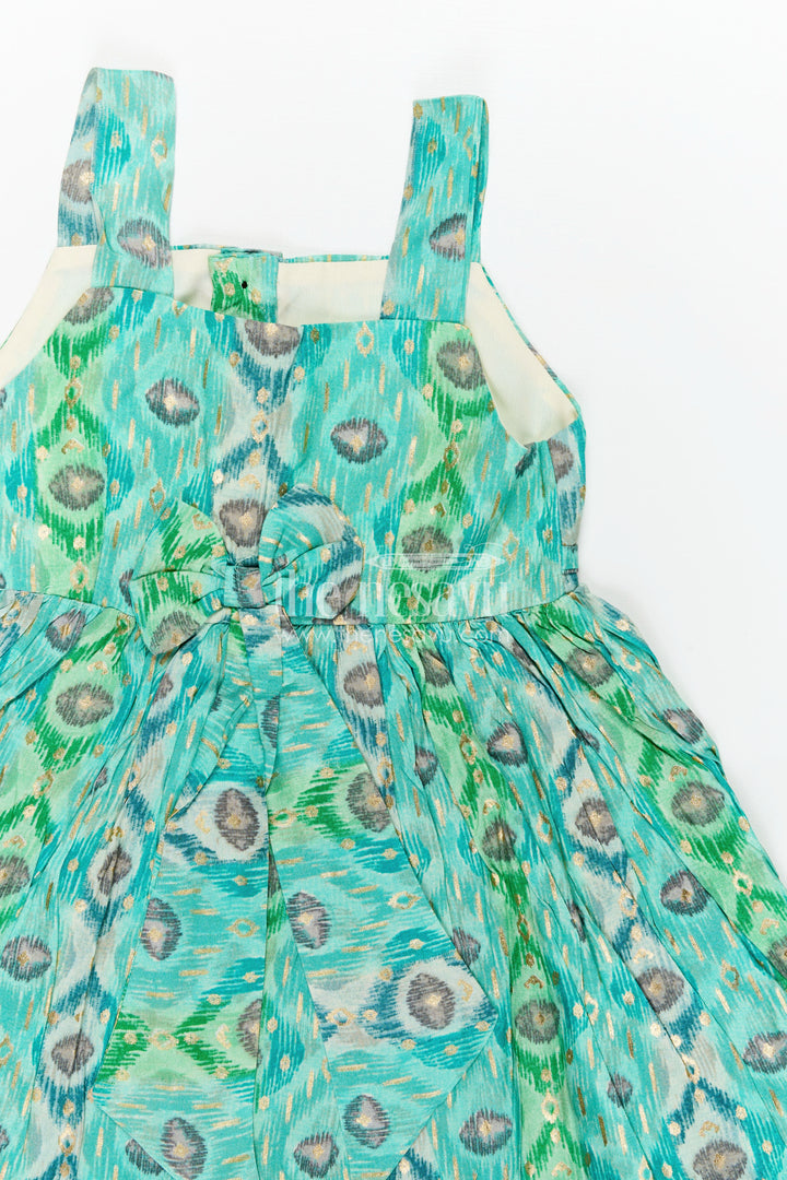 Kids Casual Printed Frock in Green Modal Silk with Ruffles and Playful Digital Pattern
