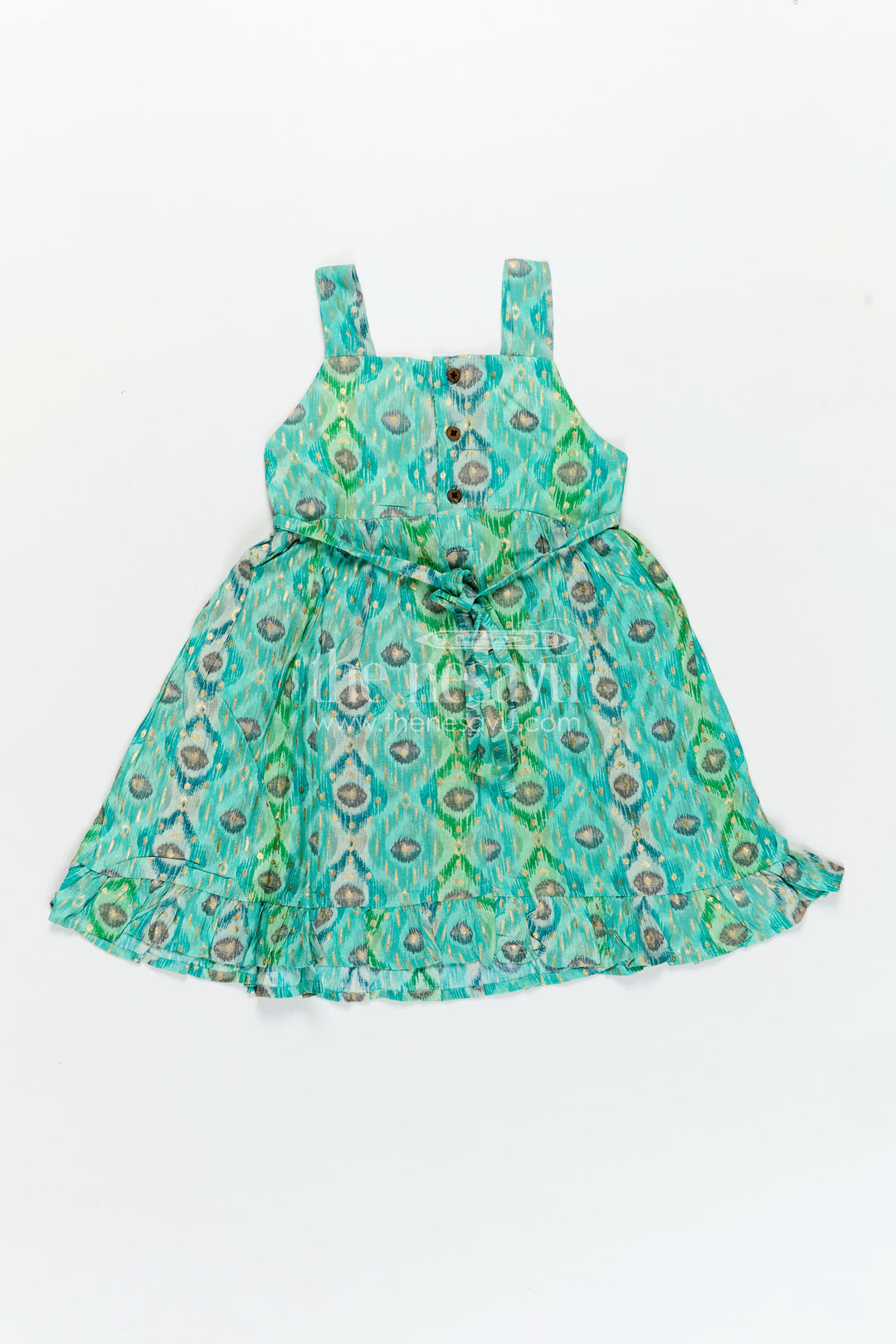 Kids Casual Printed Frock in Green Modal Silk with Ruffles and Playful Digital Pattern