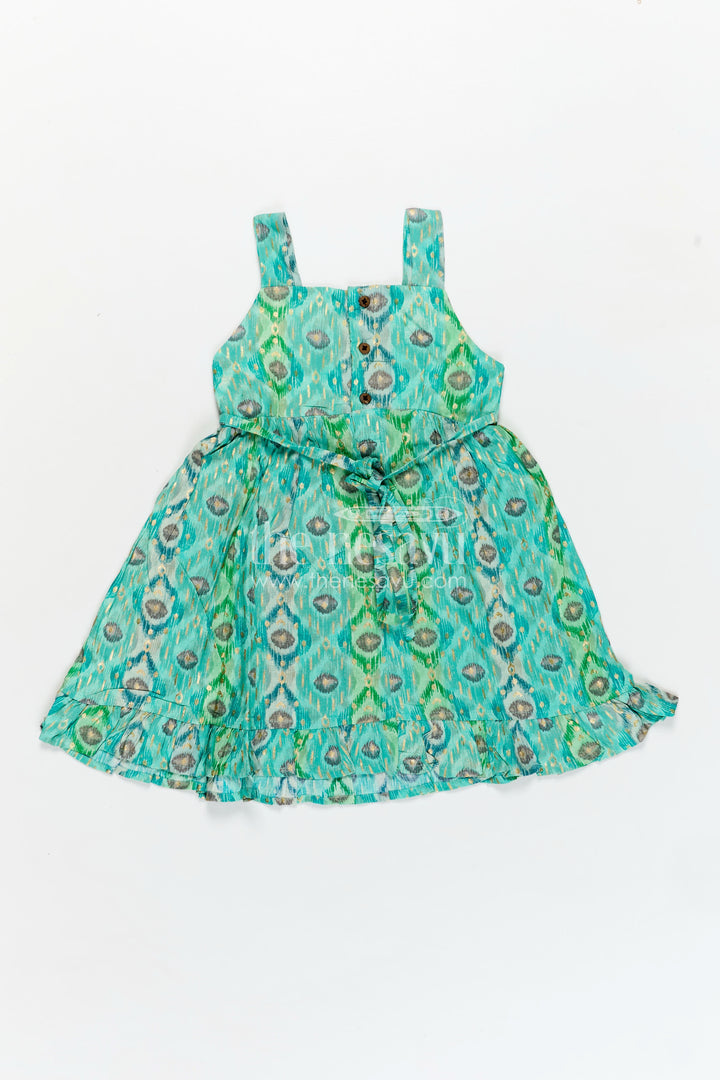 Kids Casual Printed Frock in Green Modal Silk with Ruffles and Playful Digital Pattern