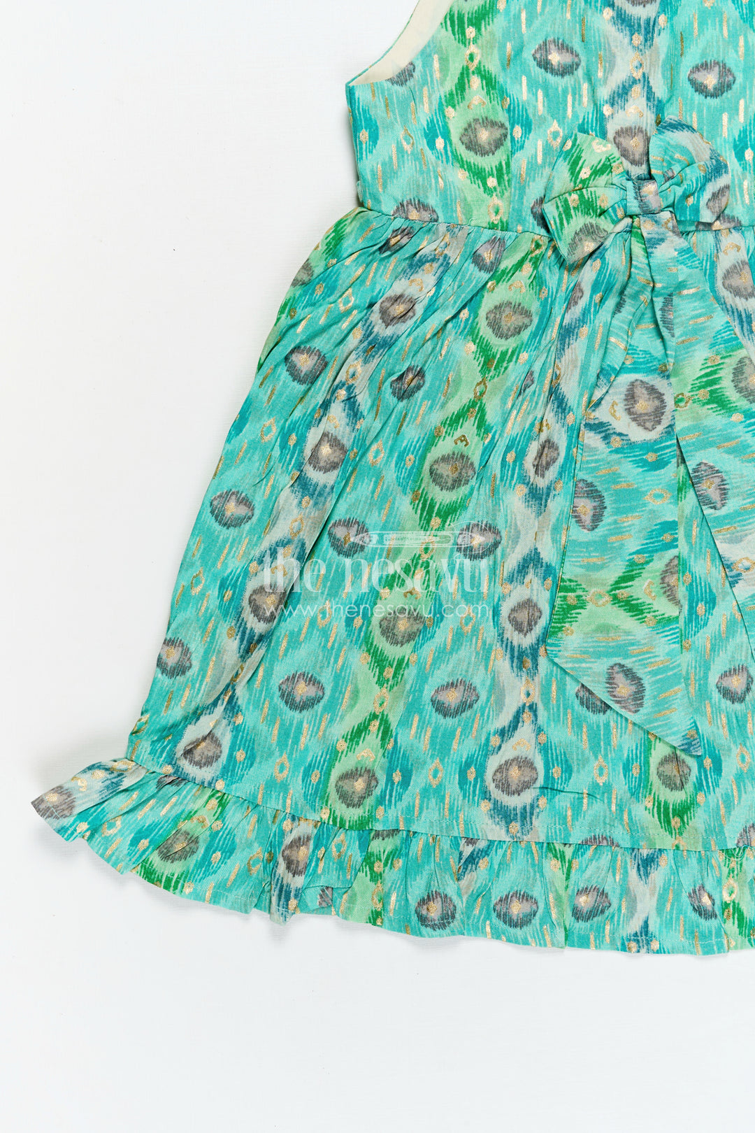 Kids Casual Printed Frock in Green Modal Silk with Ruffles and Playful Digital Pattern
