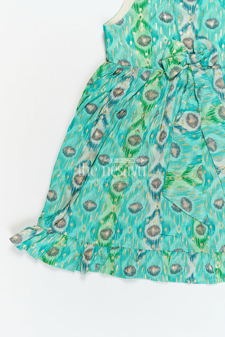 Kids Casual Printed Frock in Green Modal Silk with Ruffles and Playful Digital Pattern