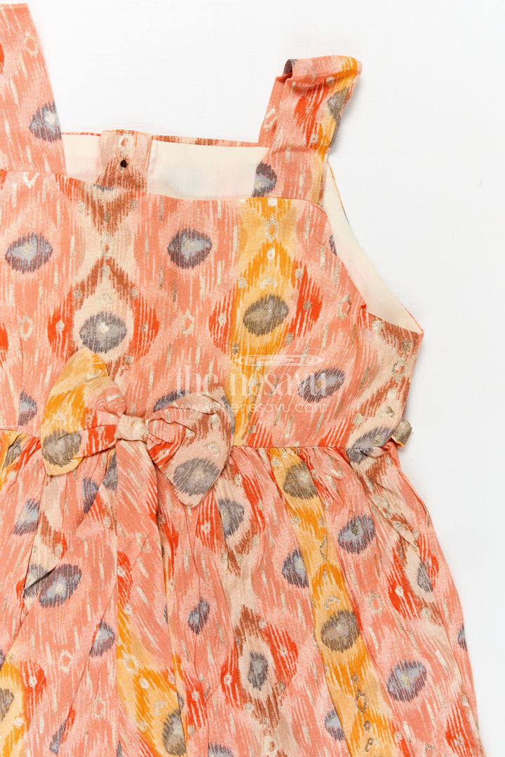 Soft Modal Silk Frock for Girls in Orange with Digital Peacock-Inspired Print and Flowy Fit