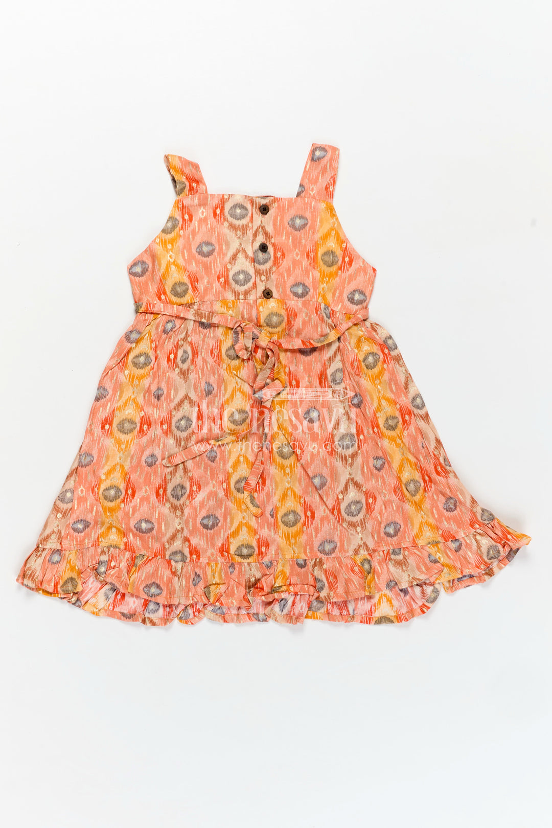 Soft Modal Silk Frock for Girls in Orange with Digital Peacock-Inspired Print and Flowy Fit