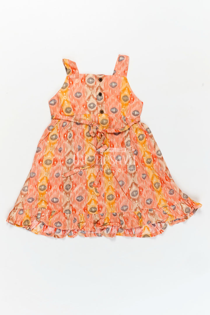 Soft Modal Silk Frock for Girls in Orange with Digital Peacock-Inspired Print and Flowy Fit