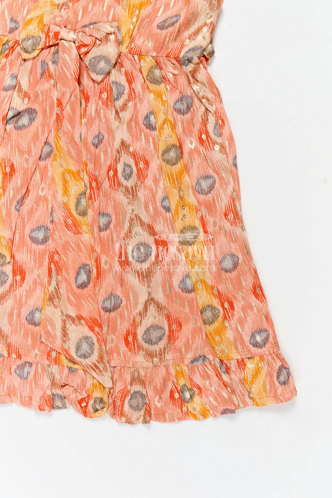 Soft Modal Silk Frock for Girls in Orange with Digital Peacock-Inspired Print and Flowy Fit