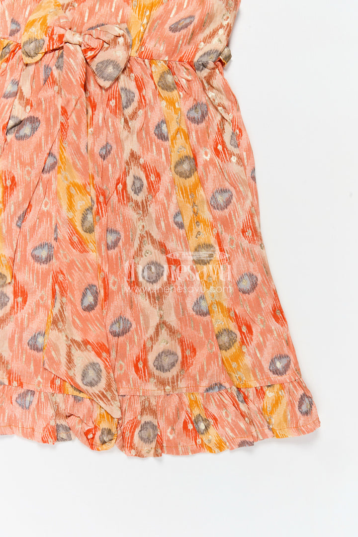 Soft Modal Silk Frock for Girls in Orange with Digital Peacock-Inspired Print and Flowy Fit