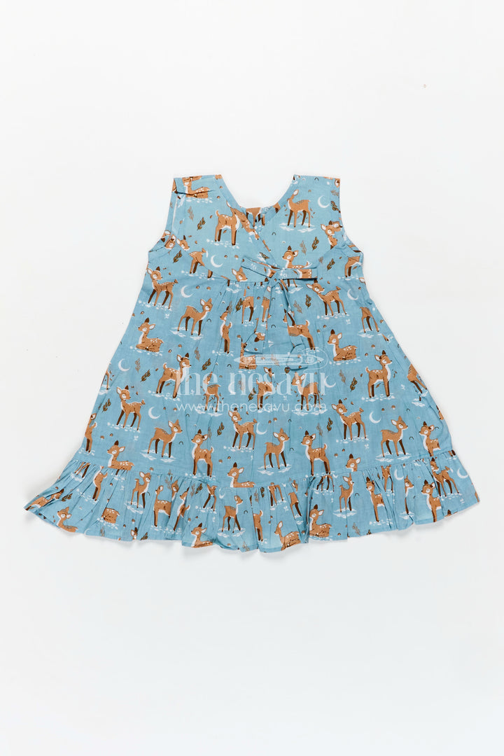 Lightweight Cotton Frock for Kids with Digital Animal Print and Cute Ruffled Hem in Soothing Blue