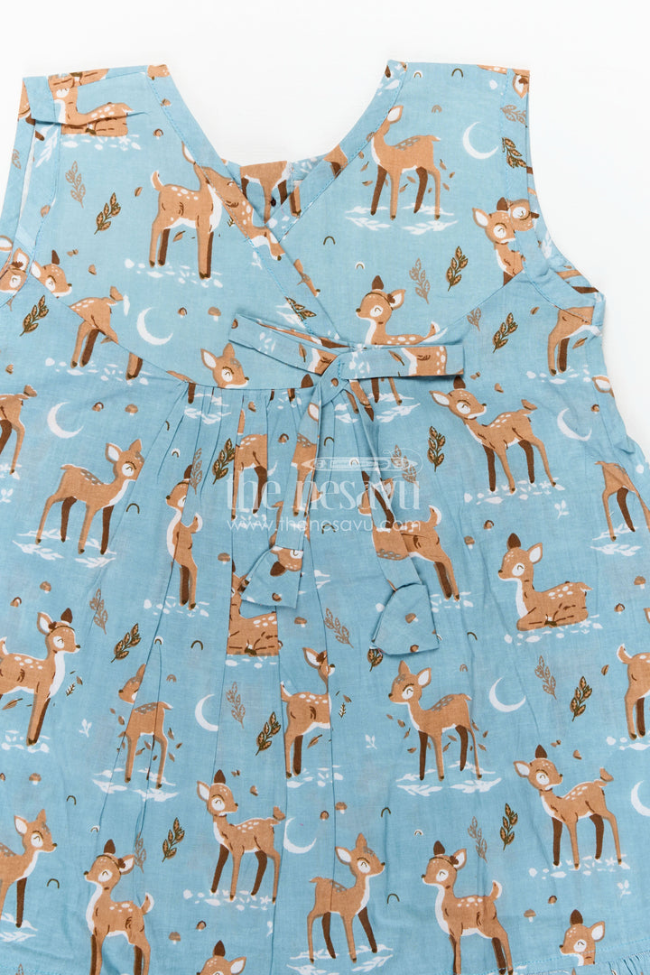 Lightweight Cotton Frock for Kids with Digital Animal Print and Cute Ruffled Hem in Soothing Blue